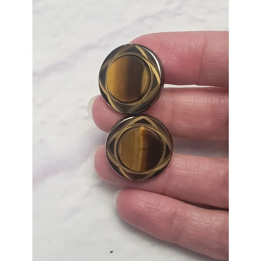 VINTAGE SWANK Cuff Links & Tie Tack Set Goldtone & Tiger's Eye